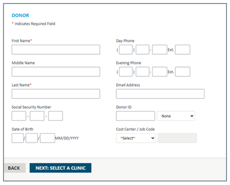 Screen to input Donor's information