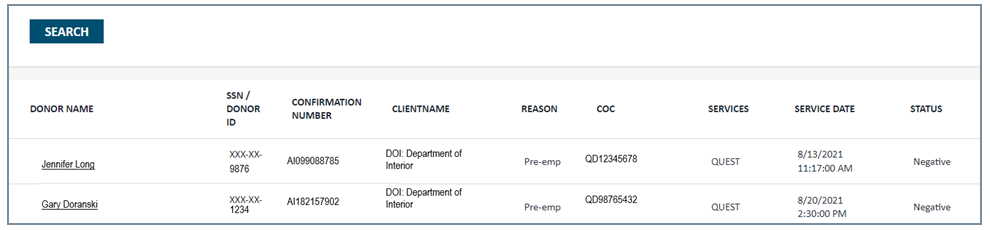 Screen showing results by donor's information.