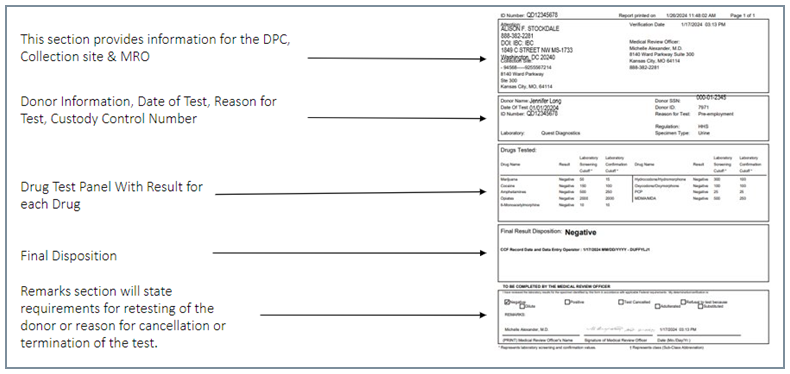 Screen showing the different sections on the specimen result certificate.