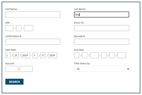 Screen showing how to search for Donor to make corrections.