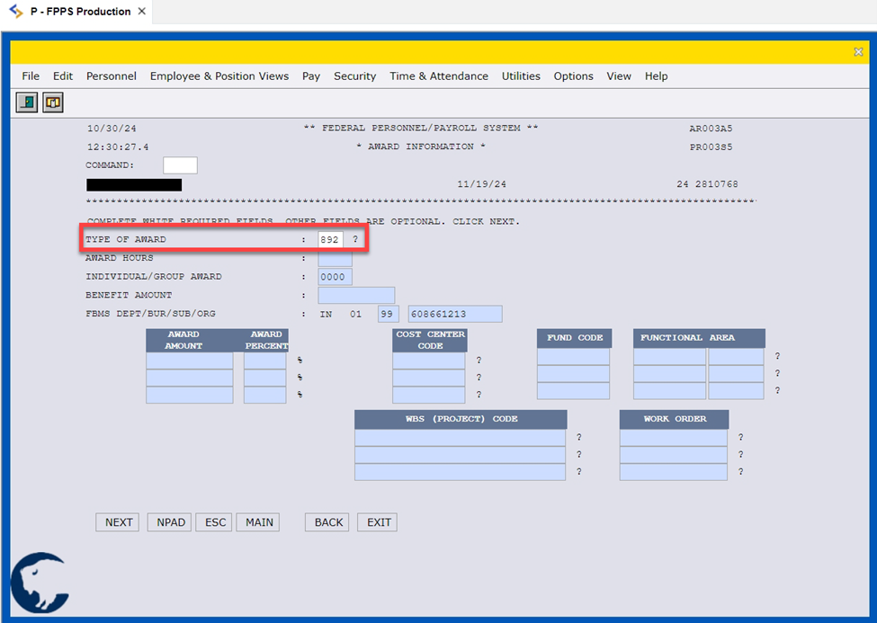 Screenshot that shows the award information that needs to be completed in FPPS for QSIs.