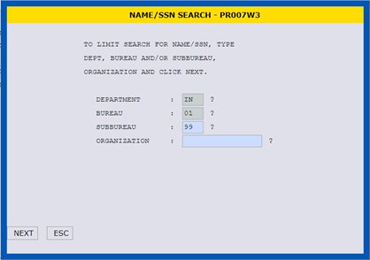 Screenshot of entering the Department, Bureau, and Subbureau codes in FPPS.