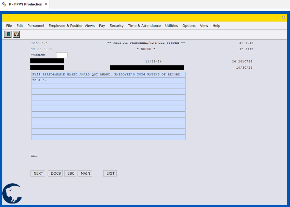 Screenshot of information that must be entered into the Notepad of FPPS for QSIs.