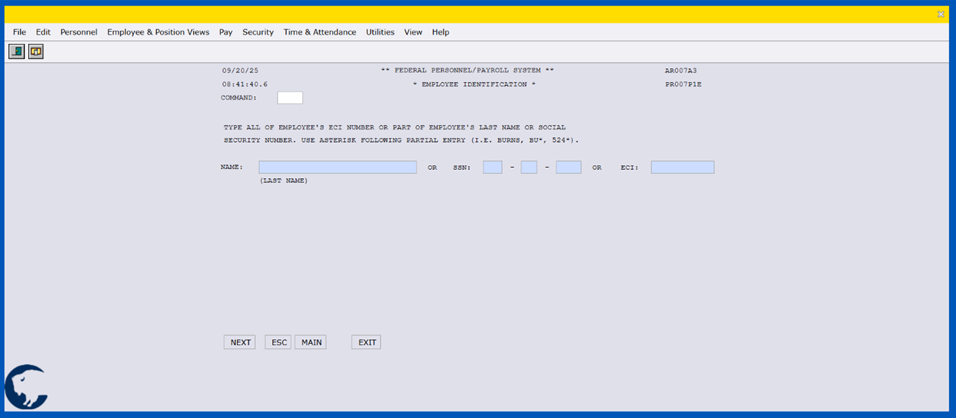 NextFPPS Employee Identification screen.