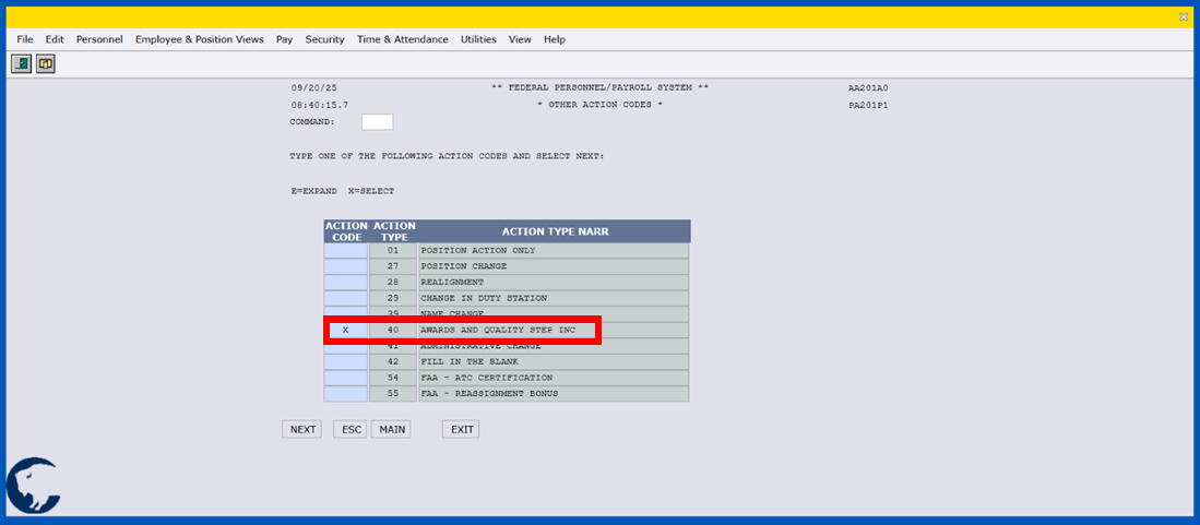 NextFPPS Other Action Codes screen with an "X" on the Action Code line for 40-Awards and Quality Step Inc.