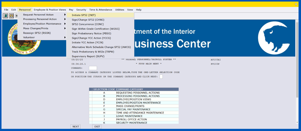 NextFPPS screen showing the Personnel tab open with the Request Personnel Action menu open and Initiate SF52 (INIT) selected.