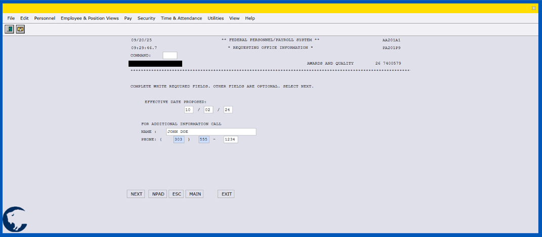 NextFPPS Requesting Office Information screen with the "Effective Date Proposed" and "For Additional Information Call" fields filled in.