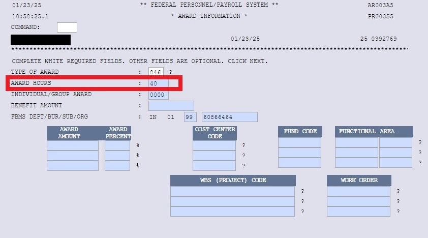 NextFPPS Award Information screen with Award Hours highlighted.