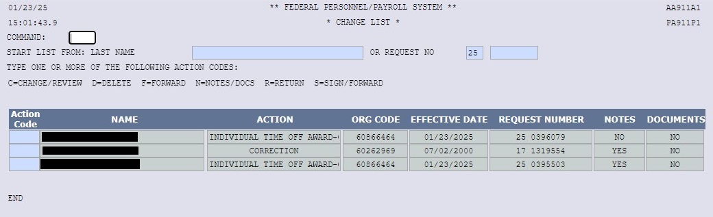 NextFPPS Change List screen showing three action codes.