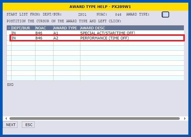 NextFPPS Award Type Help screen with Award Type A2 Performance (Time Off) highlighted.