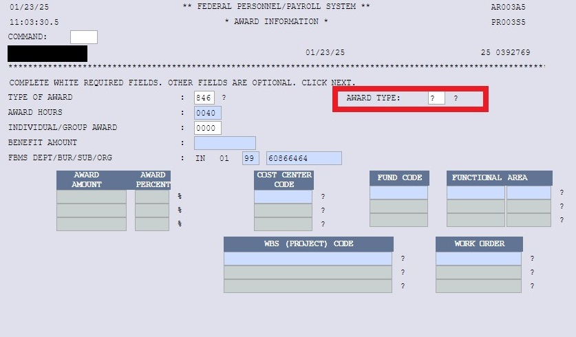 Next FPPS Award Information screen with a ? in the Award Type box.