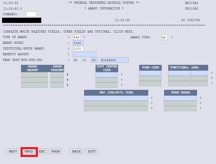 NextFPPS Award Information screen with NPAD button highlighted.