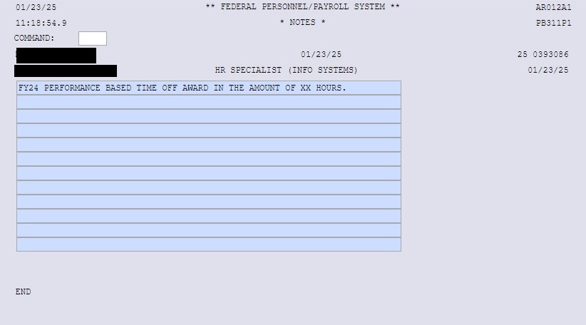 NextFPPS Notes screen with a note that reads "FY24 Performance Based Time Off Award in the Amount of XX Hours."