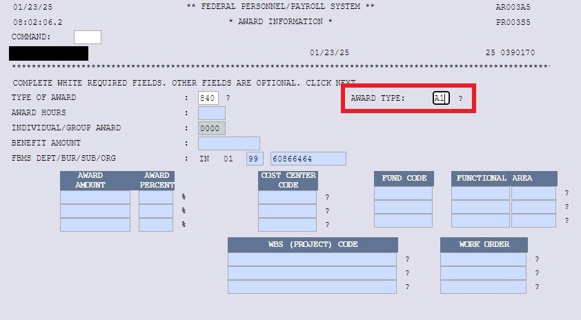 NextFPPS Award Information Screen with A1 reflected in the Award Type box.