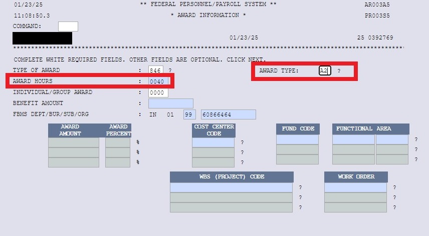 NextFPPS Award Information screen with Award Hours and Award Type highlighted.