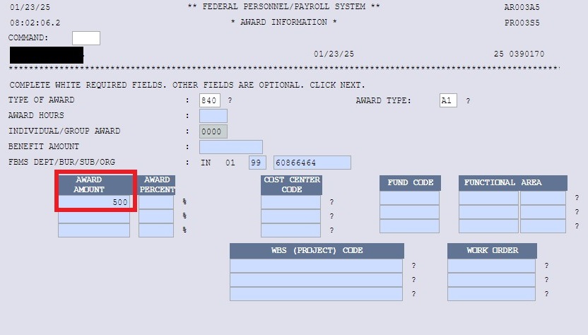 NextFPPS Award Information screen showing a value in the Award Amount box.