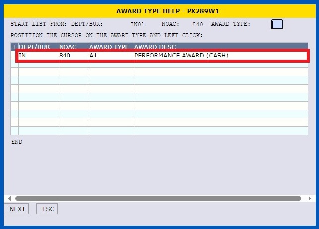 NextFPPS Award Type Help Menu with NOAC 840 Performance (Individual) highlighted.