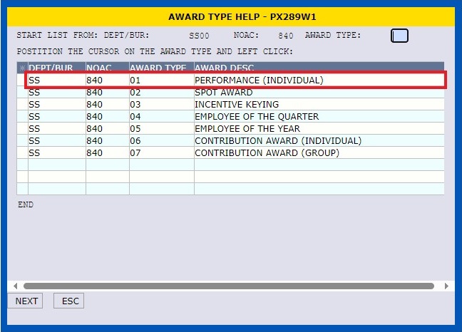 NextFPPS Award Type Help screen with NOAC 840 Performance (Individual) highlighted.