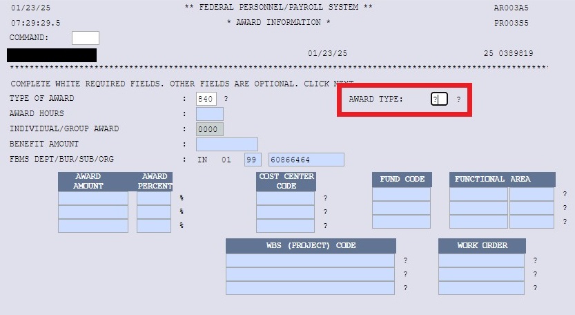 NextFPPS Award Information screen showing a ? in the Award Type box.