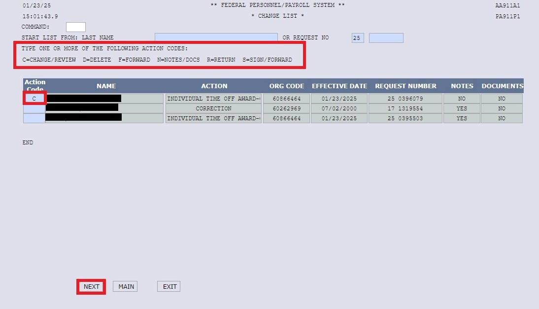 NextFPPS Change List screen with Action Code options and Next button highlighted.