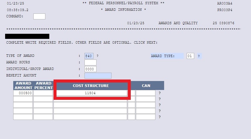 NextFPPS Award Information screen with Cost Structure heading and field highlighted.