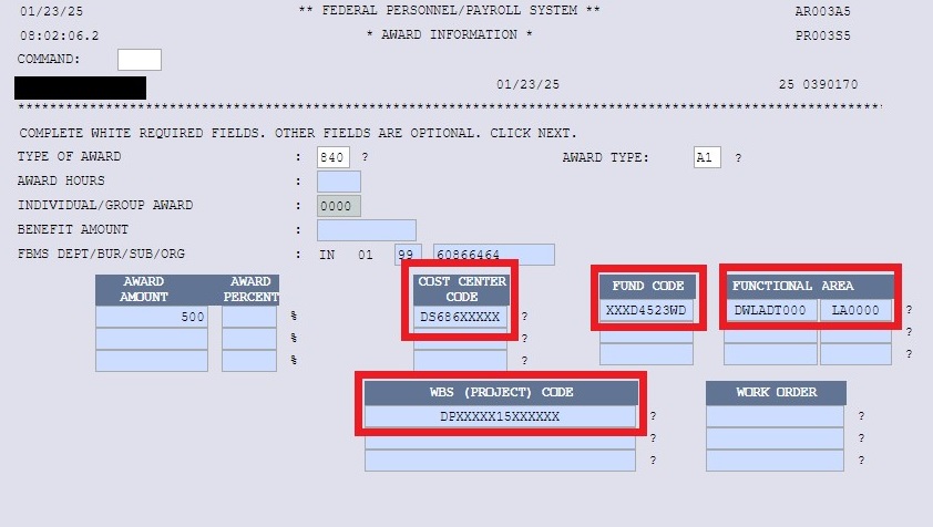 NextFPPS Award Information screen showing values in the Cost Center Code, Fund Code, Functional Area, and WBC (Project) Code boxes.