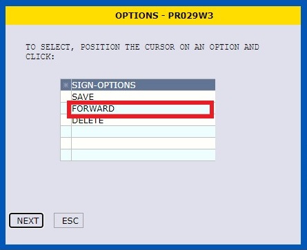 NextFPPS Options screen with Forward highlighted.