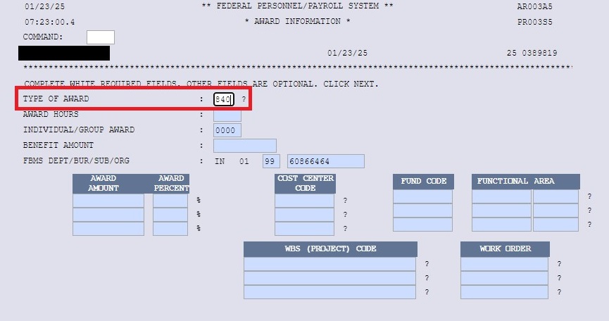 Next FPPS Award Information Screen with Type of Award box showing 840.