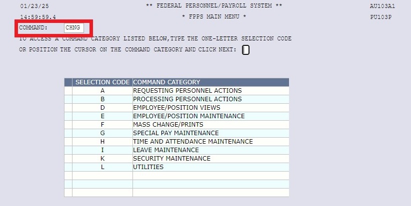 NextFPPS Main Menu screen with CHNG in the Command box.