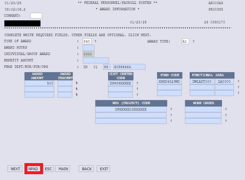 NextFPPS Award Information screen with NPAD button selected.