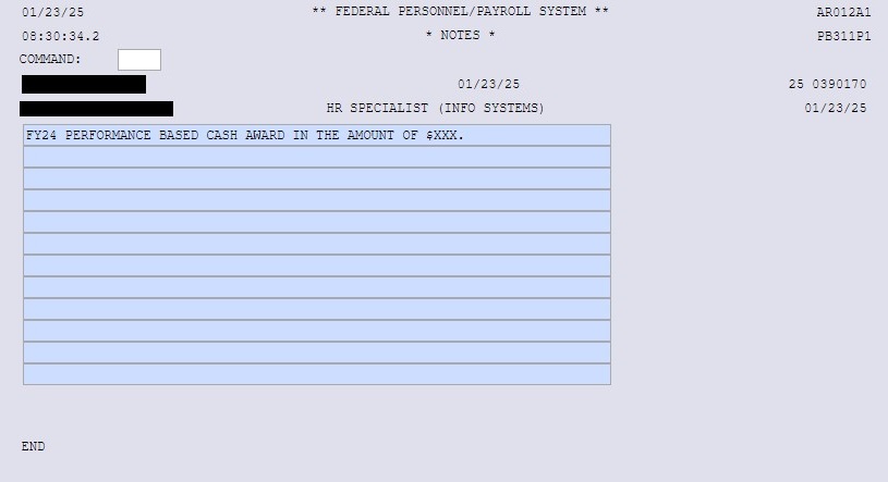 NextFPPS Notes screen stating "FY24 Performance Based Cash Award in the Amount of $XXX."