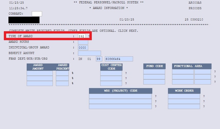 NextFPPS Award Information with 892 in the Type of Award box.