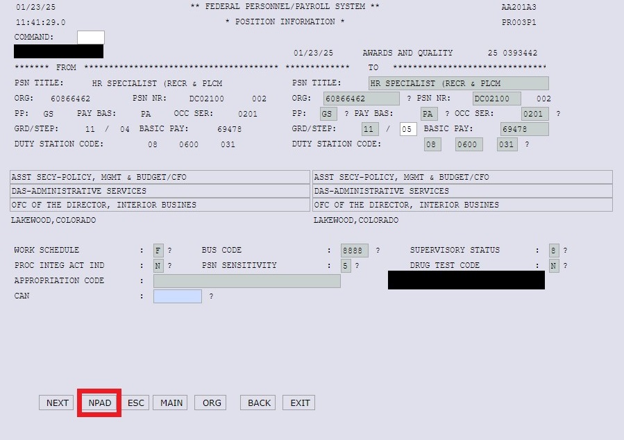 NextFPPS Position Information screen with NPAD (Notepad) button highlighted.