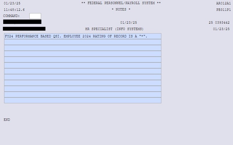 NextFPPS Notes screen with comment stating "FY24 performance based QSI. Employee 2024 rating of record is a "*"."