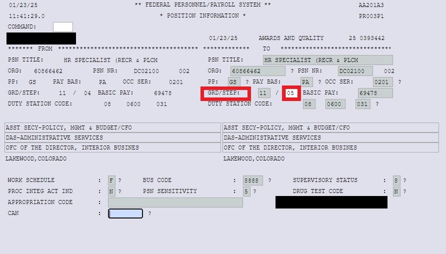 NextFPPS Position Information screen with Step highlighted.