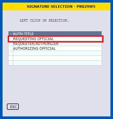 NextFPPS Signature Selection screen with Requesting Official highlighted.