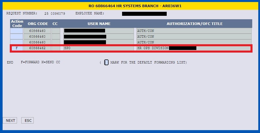 NextFPPS Sign and Forward screen with Action Code F (Forward) highlighted.