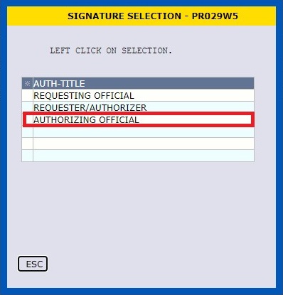 NextFPPS Signature Selection screen with Authorizing Official highlighted.