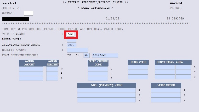 NextFPPS Award Information screen with Type of Award 846 highlighted.