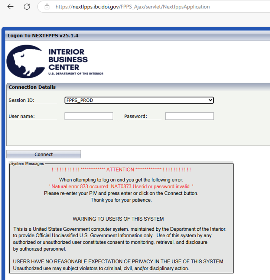 Screen capture of NextFPPS logon screen. Users select their Session ID from the drop-down menu, enter their username and password in the respective fields, and press the connect button.