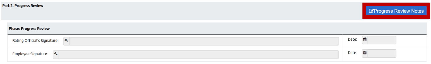 Part 2: Progress Review section on the Performance Plan page in USA Performance. A box is around the "Progress Review Notes" button.