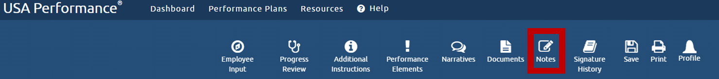 Performance Plan page in USA Performance with a red box around the "Notes" menu option.