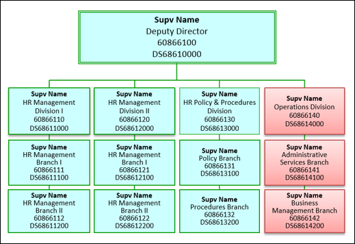 Proposed org structure with Deputy Director at the top and three rows below with HR Management Divisions and Branches, HR Policy and Procedures Divisions and Branches, and Operations/Administrative Services Divisions and Branches.