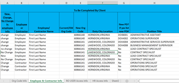 Employee and Contractor Info Tab on the Reorg Crosswalk spreadsheet.