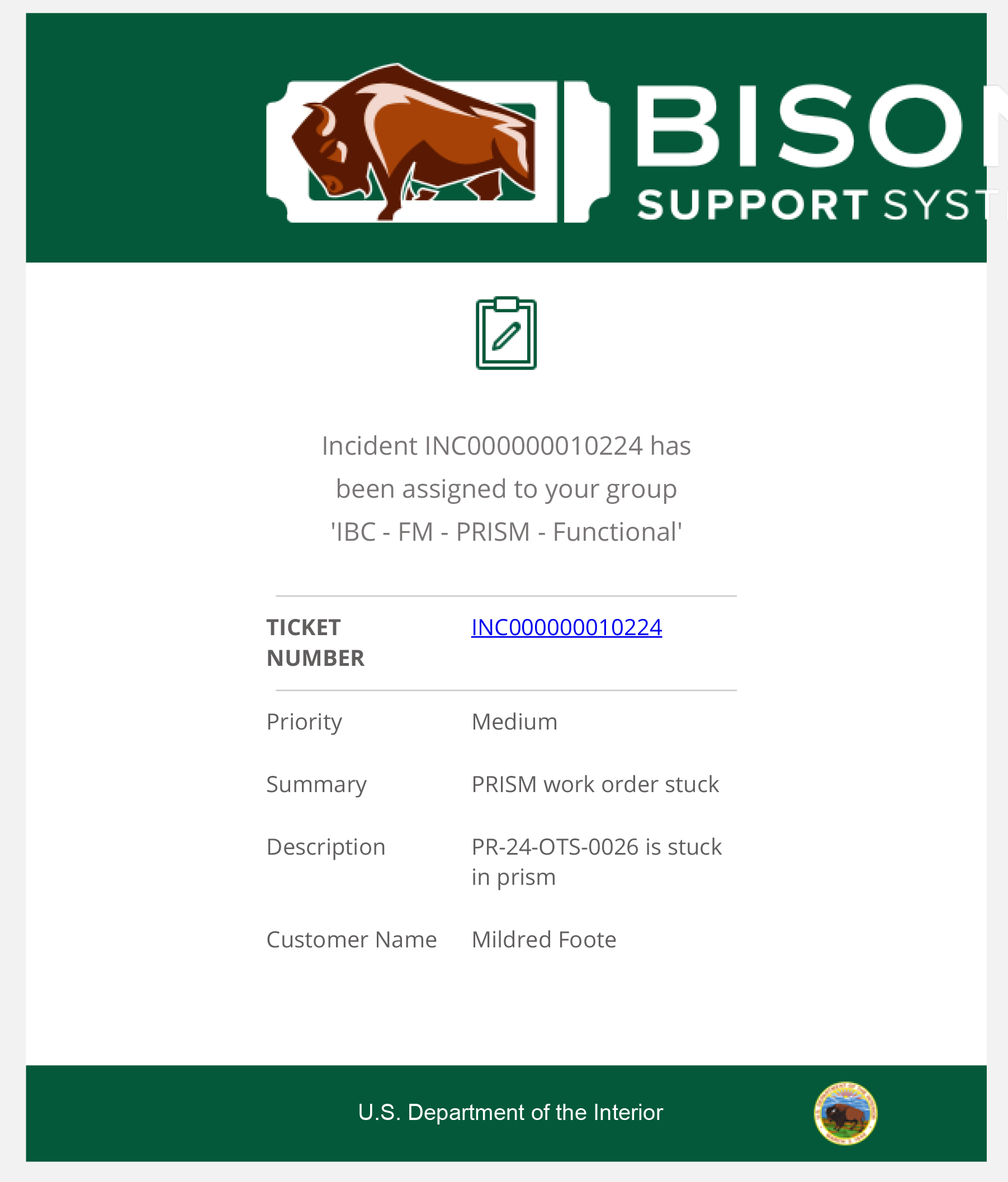 screenshot of BSS sample email notification