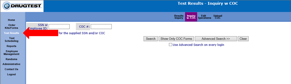 eDrug screenshot showing how to access the link to view test results